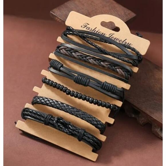 6pc Men's PU Leather Street Style Black Handmade Men Minimalist Twist Bracelet - Picture 4 of 4
